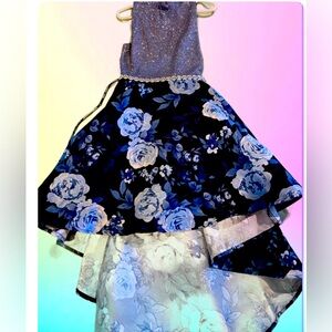 Elegant Blue Floral High-Low Dress